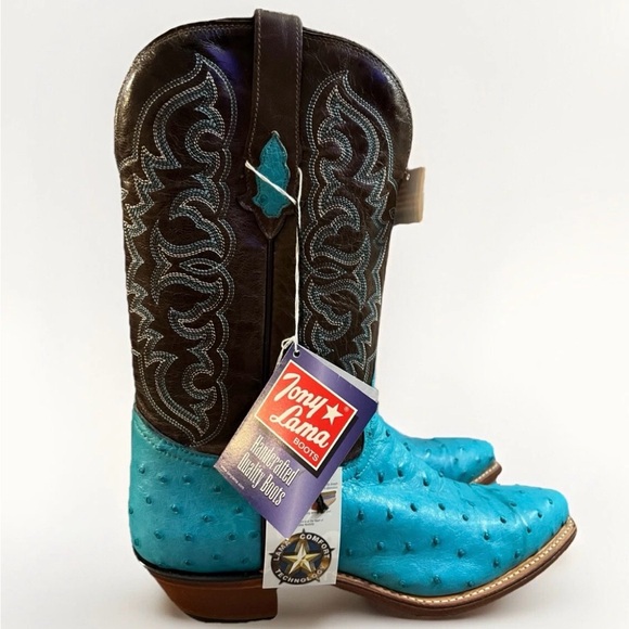 New NWT Vintage Tony Lama 1238-L Turquoise Ostrich Leather Cowboy Boots 9.5B USA - Picture 1 of 13